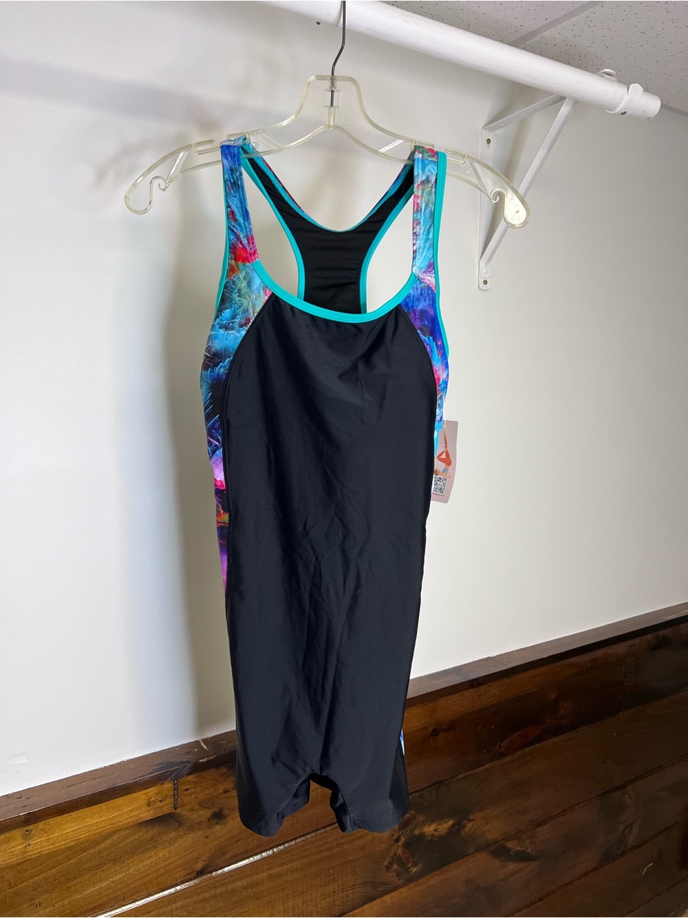 Amazon Triathlon Black One-Piece Racerback Swimsuit with Teal Trim- M